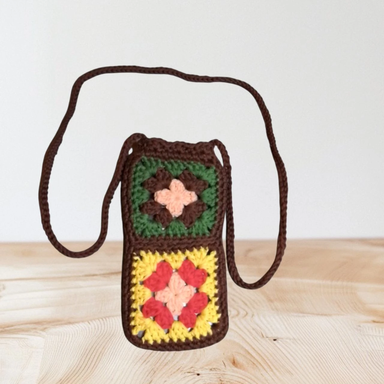 Pochette téléphone bandoulière marron multicolore 19x9 en 100% coton Neuf Fait M – photo 3